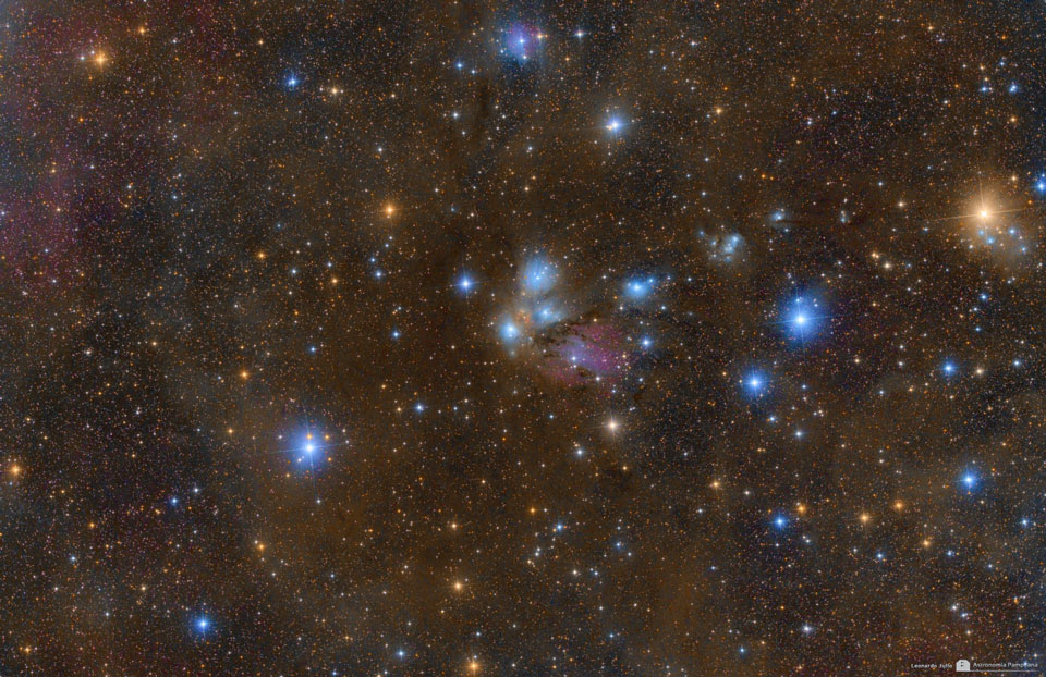 Das Bild zeigt eine Sternenlandschaft mit braunen Nebeln, im Bild sind mehrere Sterne mit blau leuchtender Umgebung verteilt.