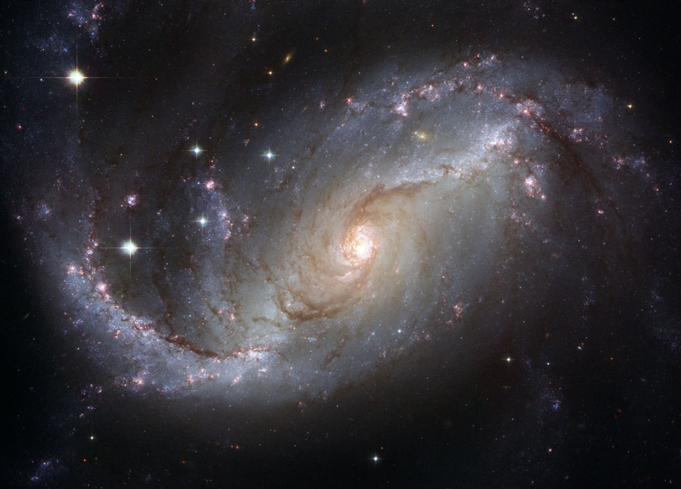 Die Galaxie NGC 1672 bildfüllend dargestellt. Die Hubble-Aufnahme zeigt einen langen Zentralbalken, viele rosarote Emissionsregionen und dunkle Fasern von Staubwolken.
