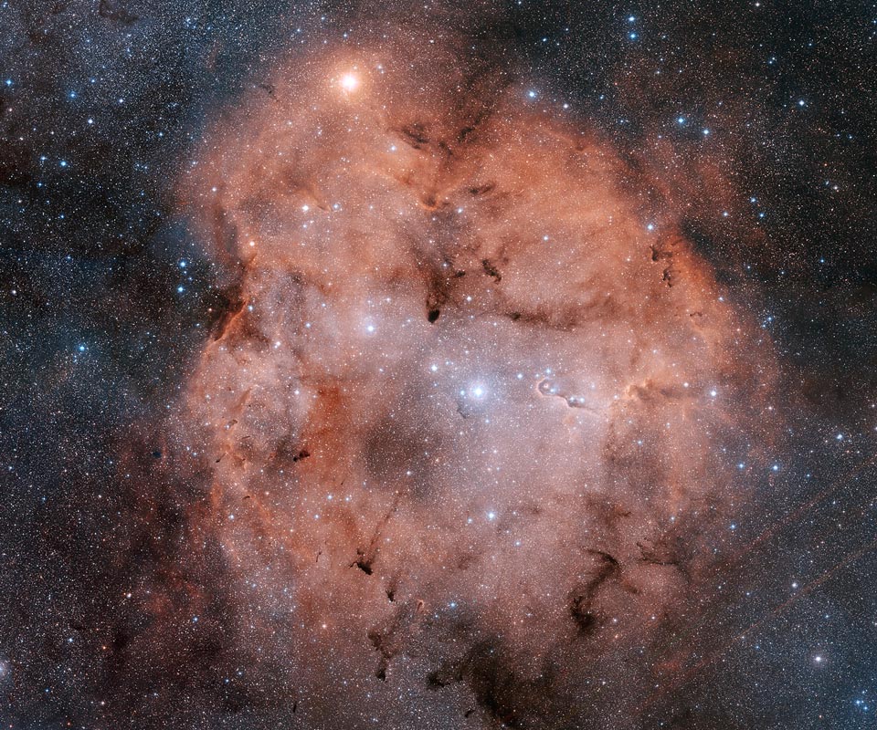 Im Bild leuchtet ein nicht perfekt runder, rötlicher Nebel mit mehreren Staubfilamenten. Das Bild ist dicht mit Sternen gesprenkelt, einige davon sind heller als die meisten anderen.