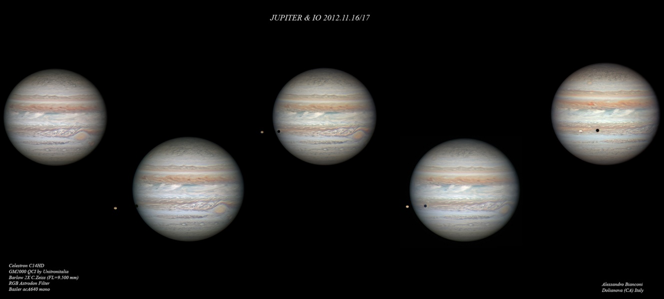 Jupiter ist fünfmal abgebildet, der Mond Io nähert sich von links und wirft seinen Schatten auf den Planeten.