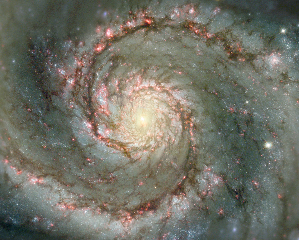 Die ausladenden Spiralarme der Galaxie M51 im Sternbild Jagdhunde sind sehr detailreich abgebildet. Sie sind von rötlichen Sternbildungsgebieten und dunklen Staubranken durchzogen.