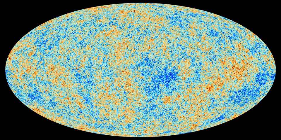 Auf schwarzem Hintergrund ist eine ovale Karte abgebildet. Die Grundfarbe ist Hellblau, sie ist von orange-roten und blauen Flecken überzogen.