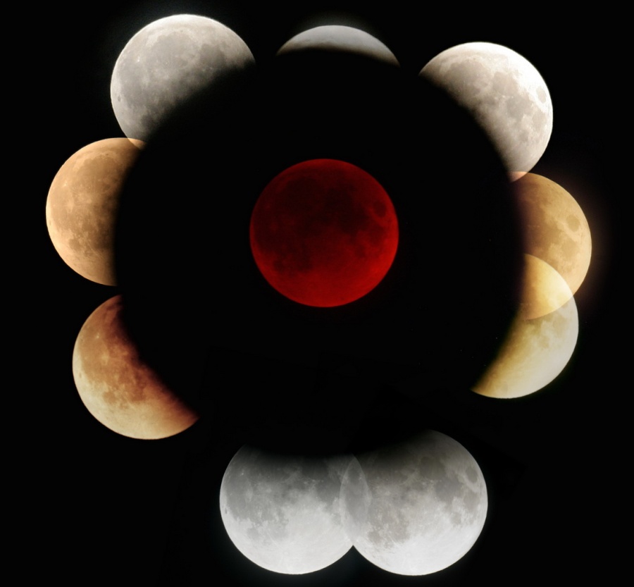 Zehn Bilder von Mondfinsternissen wurden kombiniert, um die Form des Kernschattens der Erde zu zeigen. Mitten im Schatten ist der tiefrote Vollmond bei einer totalen Mondfinsternis.