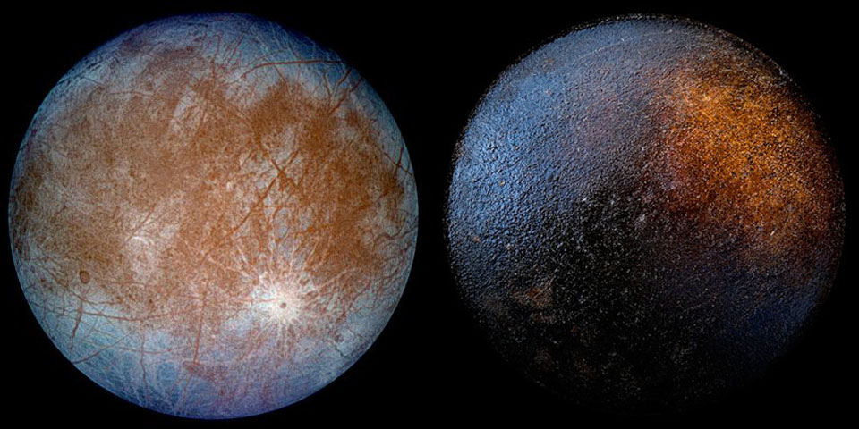 Die beiden Abbildungen sind sehr ähnlich, eine zeigt den Jupitermond Europa, die andere den Boden einer Bratpfanne.