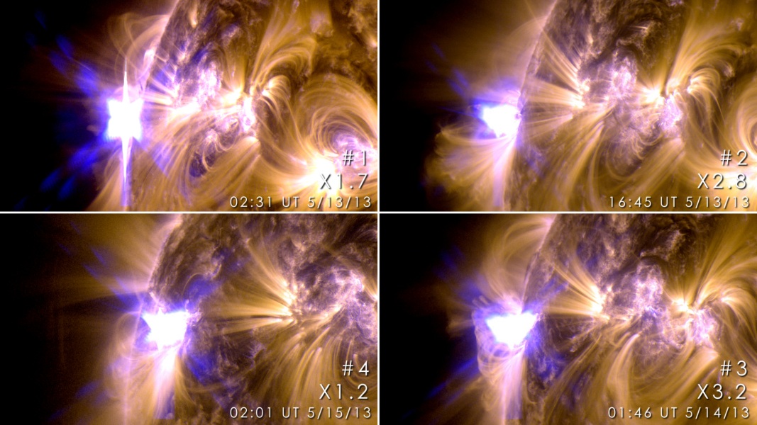 Die vier Bildfelder zeigen die sehr energiereiche Aktive Sonnenregion AR1748. Sie tauchte am östlichen Rand der Sonne auf und stieß bereits vier Sonnenfackeln der X-Klasse aus.