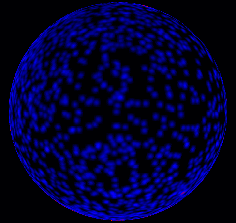 Eine Kugel vor schwarzem Hintergrund ist von blauen Flecken übersät. Über der Mitte ist ein weißes Licht mit einem roten Rand.
