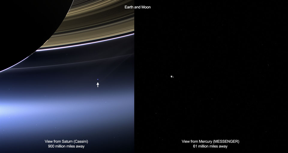 Das Bild ist zweigeteilt. Beide Bildfelder zeigen Erde und Mond, links fotografiert von Cassini unter dem Planeten Saturn, rechts von der Raumsonde MESSENGER aus dem Merkurorbit.