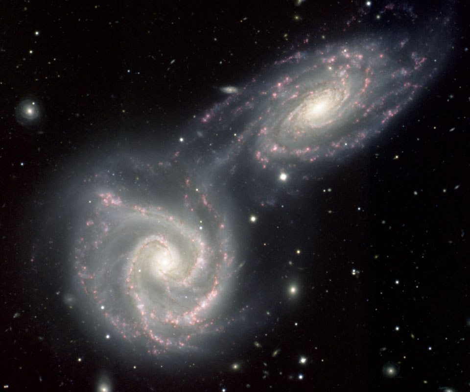 Zwei große Spiralgalaxien mit klaren Spiralarmen, die von rosaroten Sternbildungsgebieten gesäumt sind, ziehen eng aneinander vorbei. Sie füllen das ganze Bild.