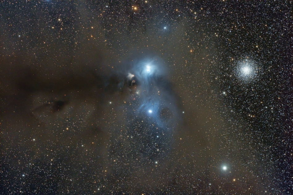 Zwei helle Sterne in der Mitte sind von blauen Nebeln umgeben. Nach links zieht sich eine braune Dunkelwolke, sie verdeckt die zarten Sterne, die im Hintergrund dicht verteilt sind. Rechts leuchtet ein Kugelsternhaufen.