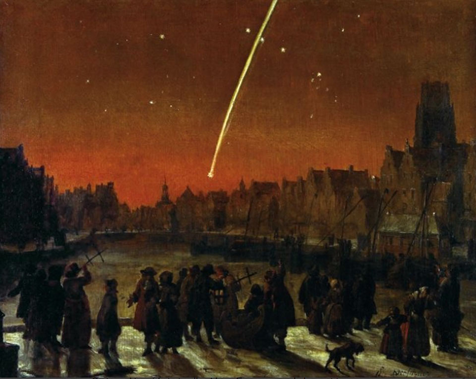 Das Gemälde zeigt einen Kometen mit einem sehr langen dünnen Schweif am roten Himmel über Rotterdam im Jahr 1680. Vor einem Gewässer steht eine Menschenmenge, mehrere Personen halten einen Jakobsstab.