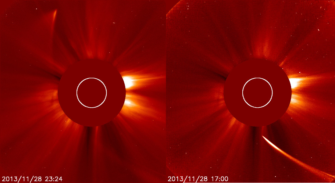 Im rechten Bild zieht der mächtige Komet ISON auf die Sonne zu, sein Schweif reicht nach rechts unten. Links tritt ein blasser Staubschweif wieder hervor. In der Mitte ist eine rote Scheibe, die die Sonne abdeckt.