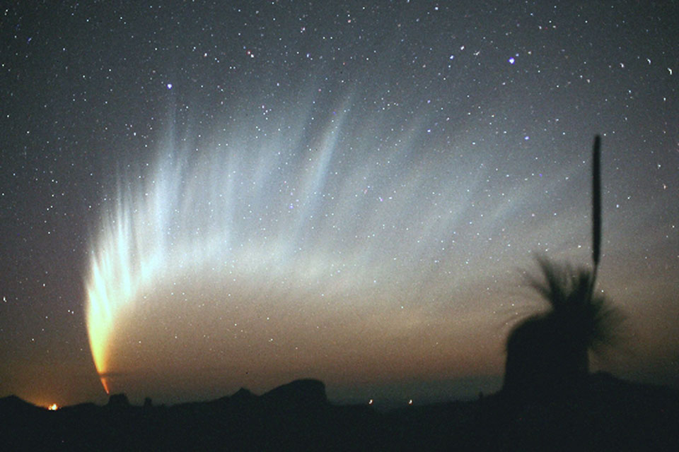 Über dem dunklen Horizont breitet sich bildfüllend der gefächerte Schweif des Kometen McNaught aus. Rechts ist die Silhouette eines Kopfes mit Kopfschmuck.