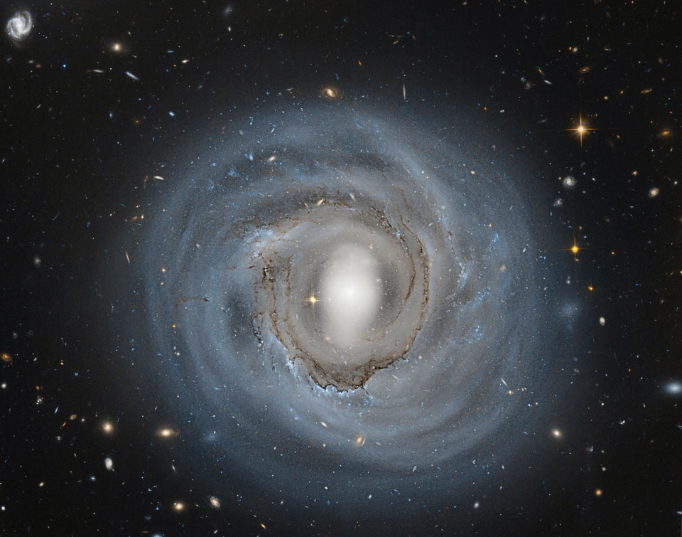Die abgebildete Spiralgalaxie ist direkt von oben zu sehen. Der helle Kern in der Mitte ist länglich, die Spiralarme wirken nebelig und verschwommen, dazwischen sind einige Ranken aus dunklem Staub verteilt.