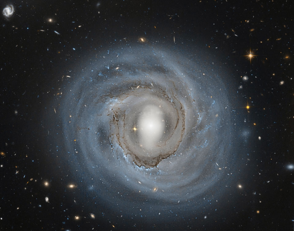 Die abgebildete Spiralgalaxie ist direkt von oben zu sehen. Der helle Kern in der Mitte ist länglich, die Spiralarme wirken nebelig und verschwommen, dazwischen sind einige Ranken aus dunklem Staub verteilt.