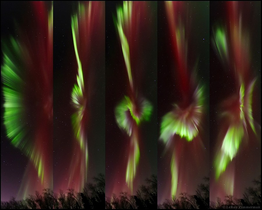Die Bildserie aus grünen und purpurfarbenen Polarlichtern zeigen die Veränderungen in einem Zeitraum von 30 Minuten. Die Bilder entstanden in Ester in der Nähe von Fairbanks in Alaska.