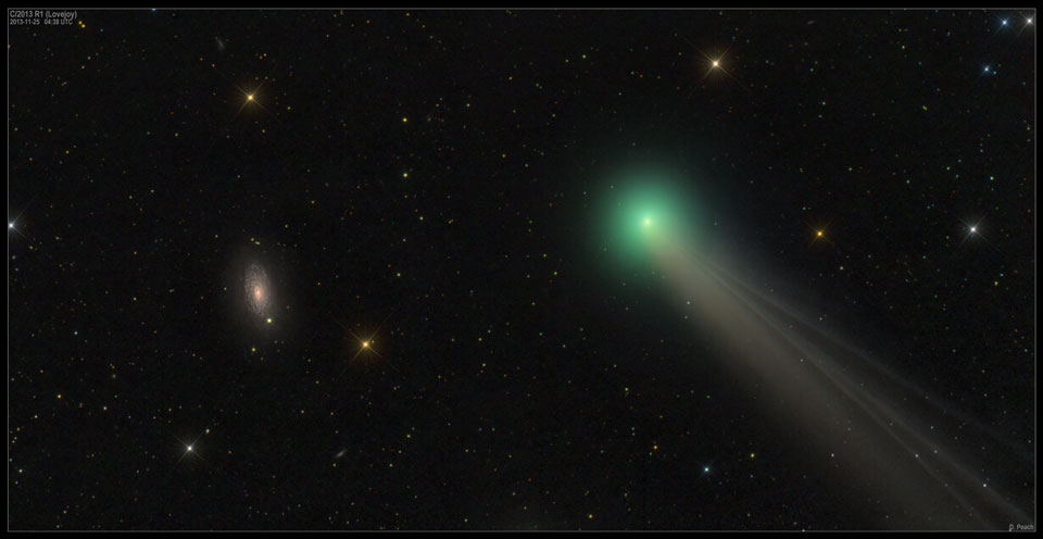 Links neben dem Kometen Lovejoy mit großer grüner Koma und einem aufgefächerten Ionenschweif leuchtet die kleine Spiralgalaxie M63.