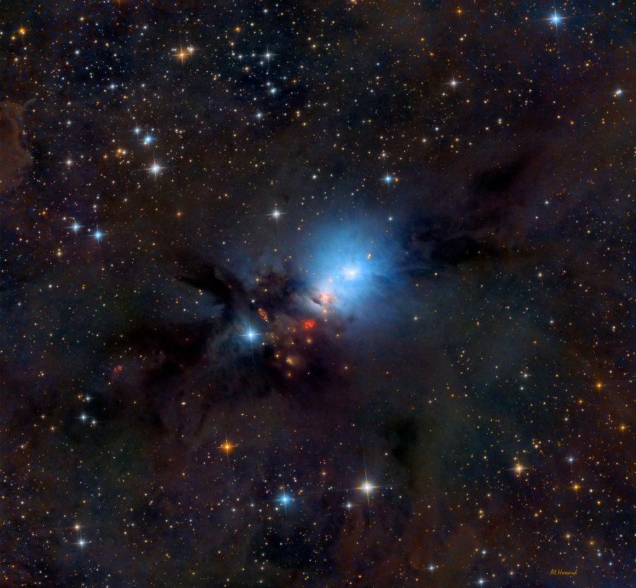 Im Bild leuchtet ein blauer Nebel. Links darunter sind dunkle Wolken, aus denen rote Lichtquellen dringen. Außen herum sind sehr unterschiedlich helle Sterne und dunkle Staubbahnen verteilt.