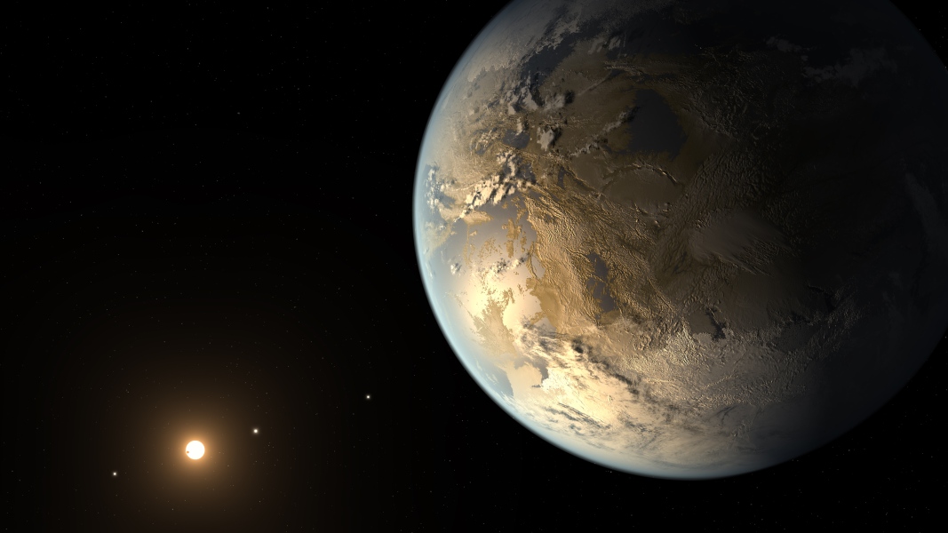 Rechts füllt der erdgroße Exoplanet Kepler-186f das Bild, er ist von links beleuchtet. Man erkennt Ozeane, Kontinente und Wolken. Das Bild ist eine Illustration. Links leuchten ein dämmriger Stern und drei weitere winzige Lichtpunkte.