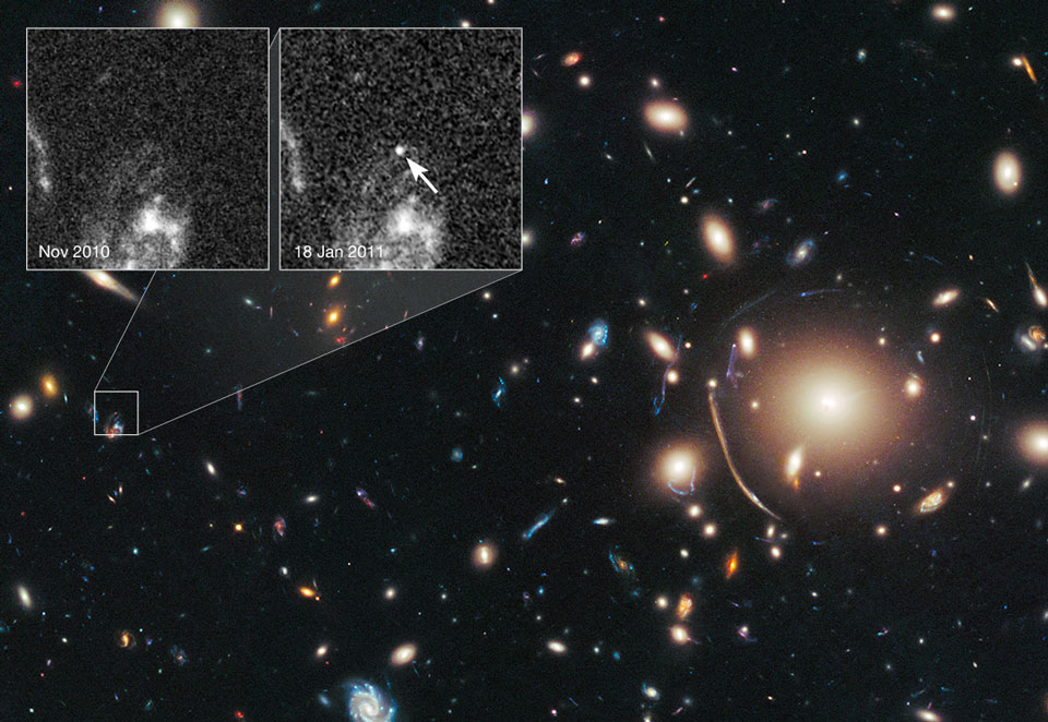 Der Galaxienhaufen Abell 383 wurde vom Weltraumteleskop Hubble abgebildet. Um die Menge an Dunkler Materie zu bestimmen, wurde eine Supernova beobachtet, die in einer weit dahinter liegenden Galaxie explodierte. Die Bilder mit und ohne Supernova sind links oben eingeblendet.