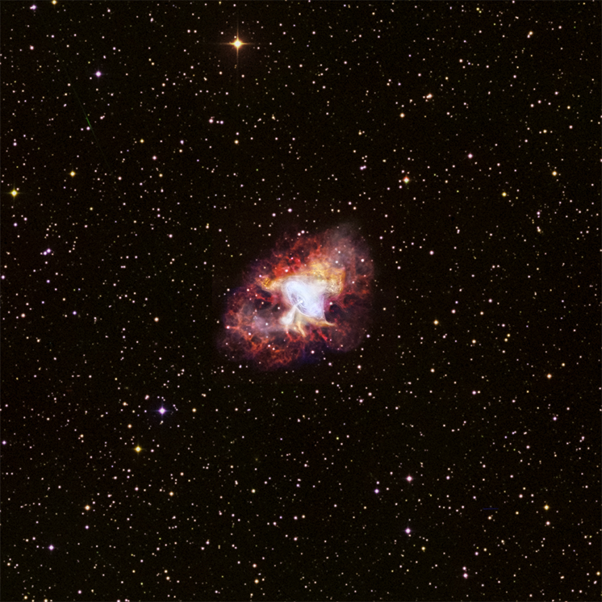 Zwischen gleichmäßig verteilten Sternen leuchtet der planetarische Nebel M1. Er ist eine längliche, lebhafte Wolke, die am Rand rötlich und innen weiß leuchtet.