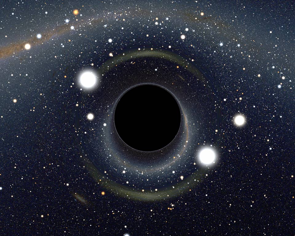 Die Illustration zeigt in der Mitte einen schwarzen Kreis, der von wenigen hellen und mehr schwachen Sternen umgeben ist.