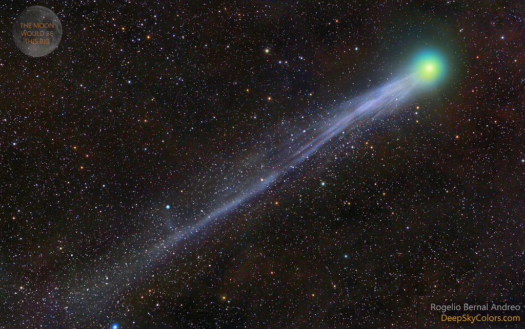 Die Koma des Kometen Lovejoy leuchtet rechts oben markant grün. Der bläuliche Schweif fächert sich nach links unten auf. Links oben ist der Vollmond zum Größenvergleich eingeblendet.