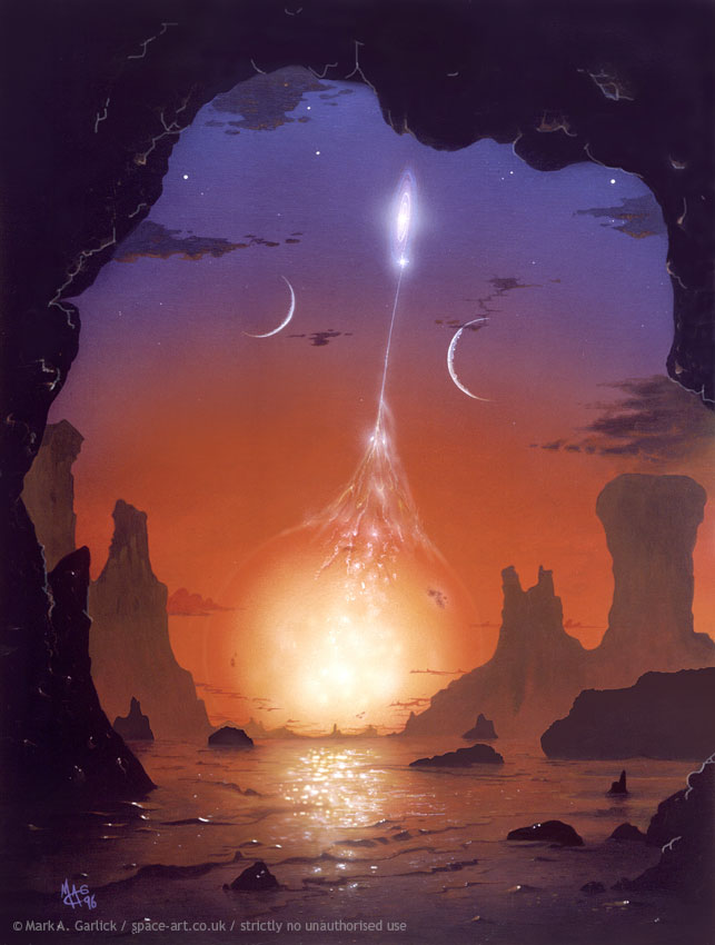 Hinter einem Gewässer, auf das man aus einer Höhle hinausblickt, strahlt am Horizont ein energiereiches Gebilde, das den Himmel rot färbt. Ein Strahl reicht nach oben zu einer Akkretionsscheibe. Links und rechts von dem Strahl sind die Sicheln von Himmelskörpern zu sehen.