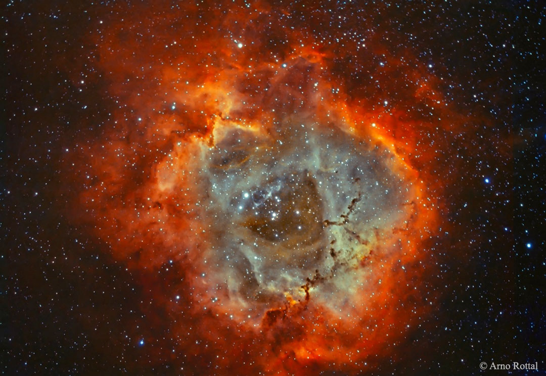 Der bekannte Rosettennebel ist hier mit einem blau leuchtenden Inneren und einem rot lodernden Wolkenrand außen dargestellt. Vor dem Hohlraum in der Mitte leuchten die Sterne eines offenen Sternhaufens, der im Nebel entstanden ist.