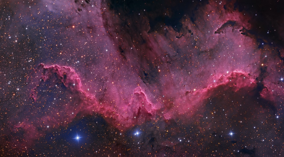 Im Bild leuchtet ein roter Wall, der die Form eines W hat. Er ist von Dunkelnebeln umgeben. Rundum sind Sterne verteilt.