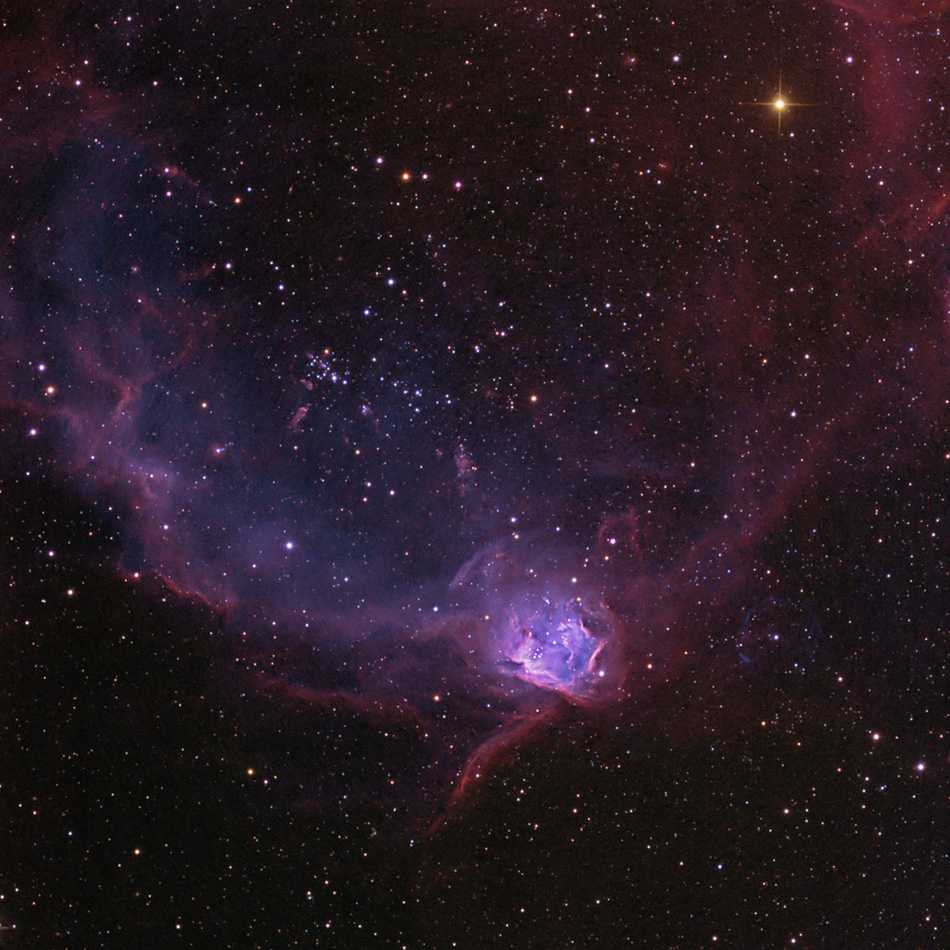 Der offene Haufen NGC 602 im Sternbild Kleine Wasserschlange ist von einem violetten, leuchtenden Nebel umgeben, der an einen Flugdrachen erinnert.