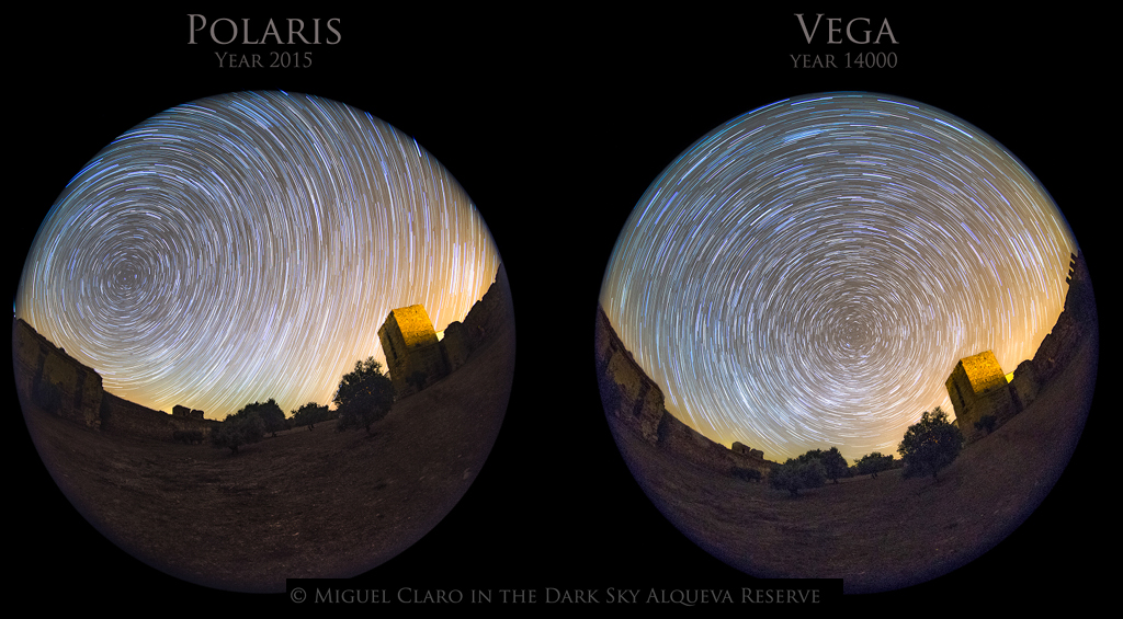 Zwei Bilder zeigen, wie die Sterne am Himmel scheinbar um einen Stern kreisen. Links kreisen sie um den Polarstern. Rechts kreisen sie um den Stern Wega, der in 12.000 Jahren der Himmelsnordpol sein wird.