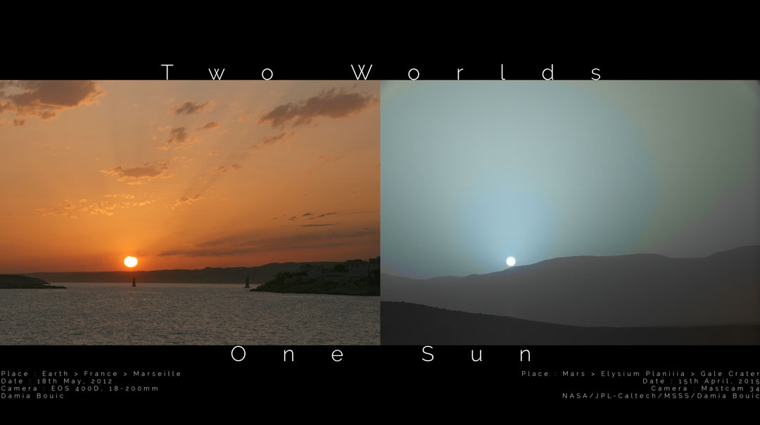 Zwei Bildfelder zeigen einen Sonnenuntergang auf der Erde (links) und auf dem Mars (rechts). Der Sonnenuntergang auf dem Mars wirkt sehr bläulich und ungewohnt.