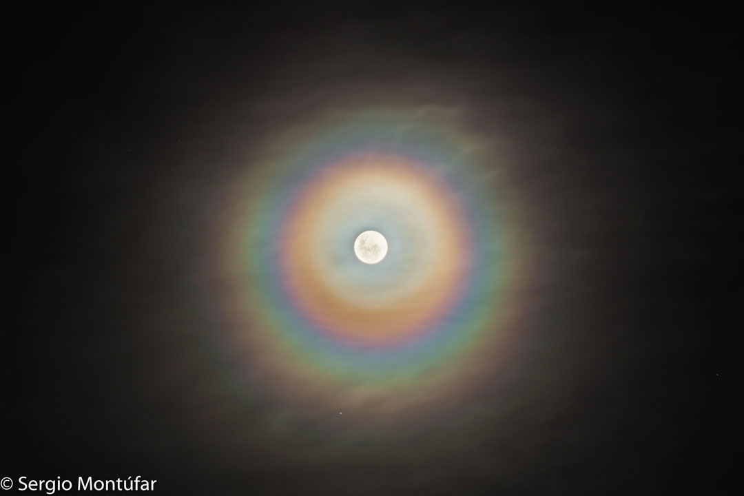 Um den Vollmond verlaufen regenbogenfarbige bunte konzentrische Ringe. Der Effekt entsteht durch einheitlich große Wassertröpfchen in einer transparenten Wolke.