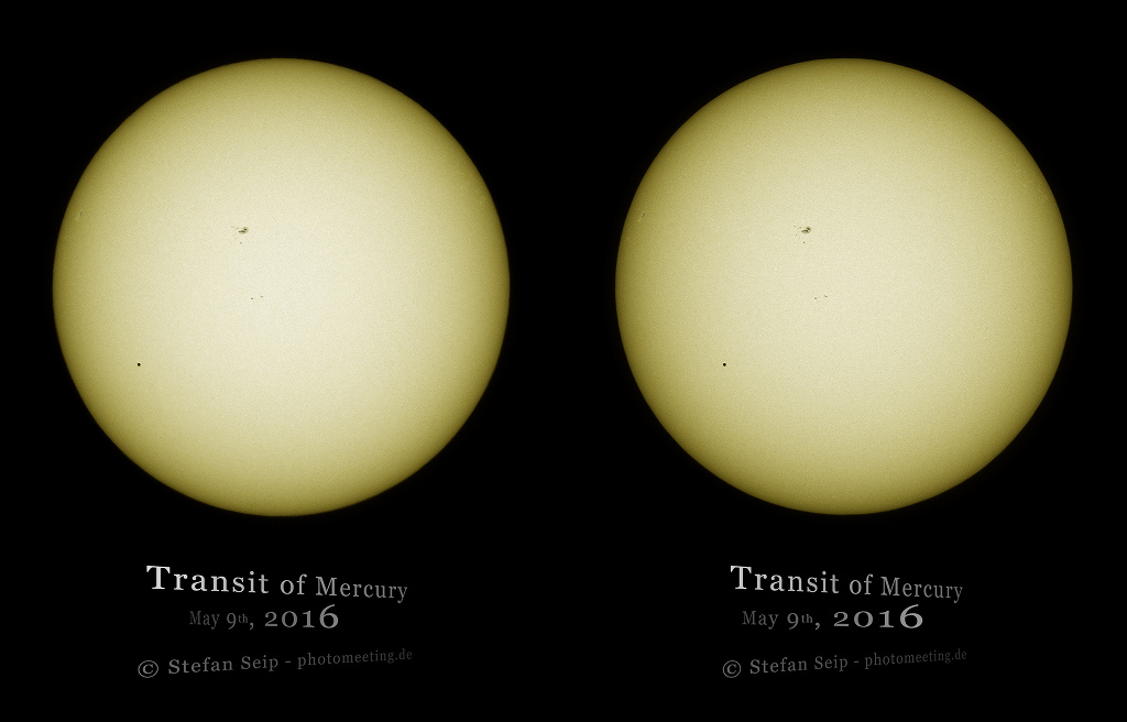 Im Bild sind zwei Abbildungen der Sonne, vor denen der Planet Merkur schwebt. Durch Schielen kann man die Bilder in Einklang bringen, dann sieht man die Anordnung dreidimensional.