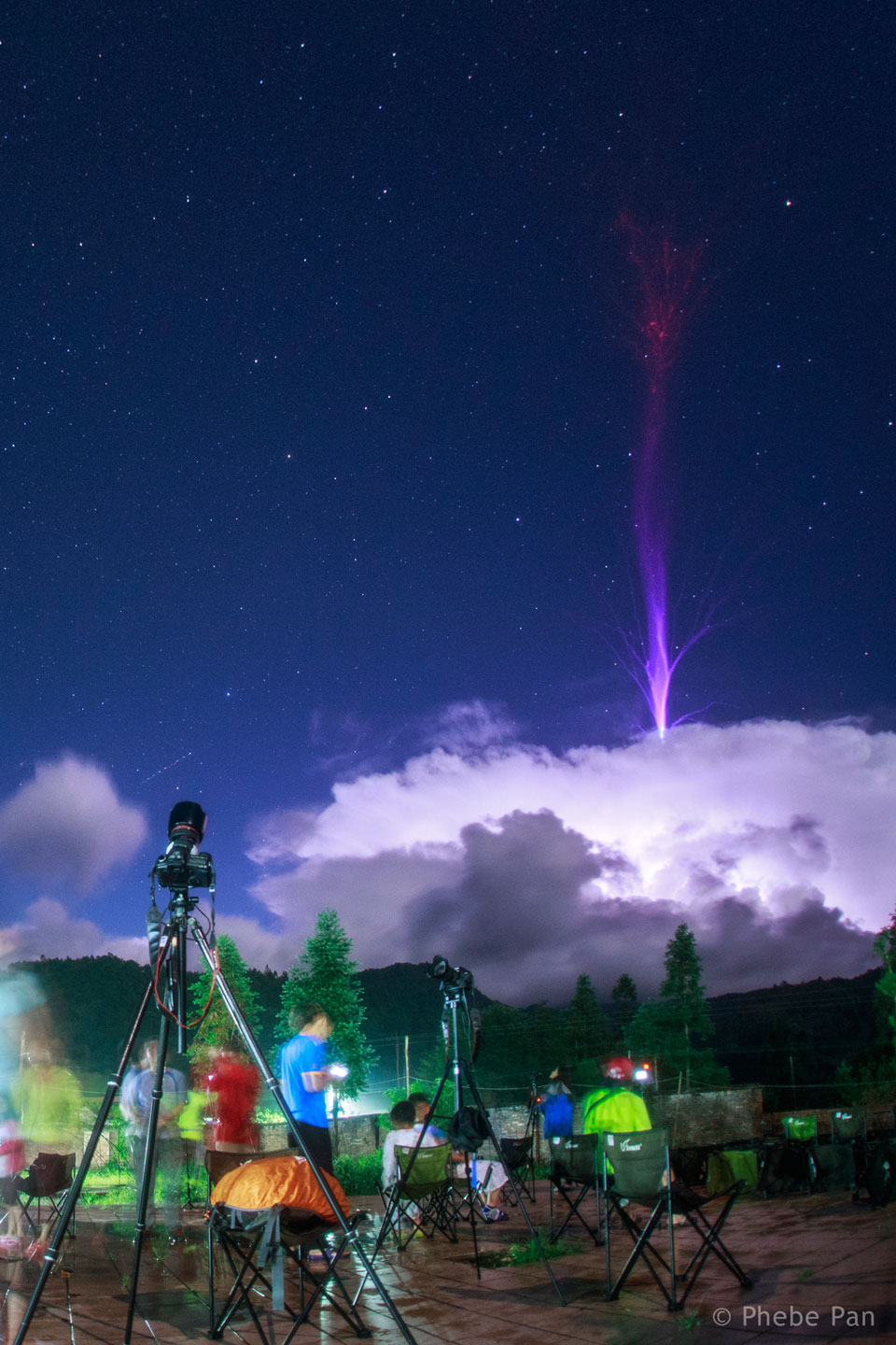 Hinter einer Gruppe an Leuten mit Teleskopen ist der Himmel über einer Wolke am Horizont sternklar. Aus der Wolke schießt ein Strahlenblitz hinauf, der unten hell leuchtet, nach oben hin in Purpur und später Rot übergeht und sich nach oben hin büschelartig auffächert.