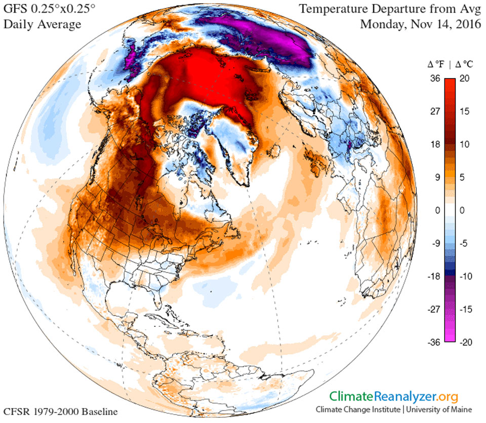 Die Erdkugel ist schematisch als Skizze zugrunde gelegt. Darauf sind in roten, violetten und braunen Farben Wettermuster aufgebracht. Über Nordamerika und der Arktis sind ungewöhnlich hohe Temperaturen, geografisch darunter (im Bild darüber) ist ein sehr kühles Gebiet.