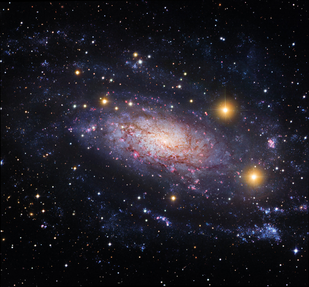 Die Galaxie, die schräg im Bild liegt, wirkt zerfleddert. Die Spiralarme sind schwach ausgeprägt, in der Mitte liegen Staubbahnen über dem hellen Kern, die Scheibe ist mit rosaroten Sternbildungsgebieten gesprenkelt.