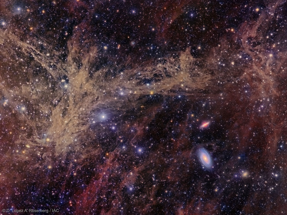 Rechts sind die Spiralgalaxie M81 und die irreguläre Galaxie 82 markant abgebildet. Im Vordergrund sind markante beige und dunkelrote Staubfasern verteilt, sie liegen über der Milchstraße.