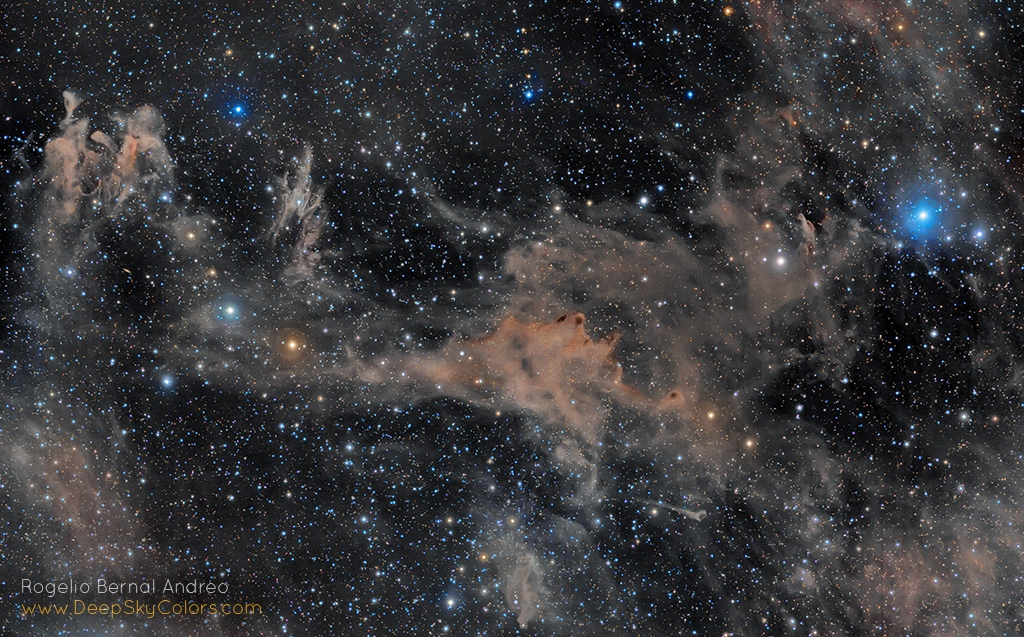 Im Bild sind viele Sterne und bräunliche Staubwolken verteilt. Rechts ist ein Stern von einem blau leuchtenden Nebel umgeben.
