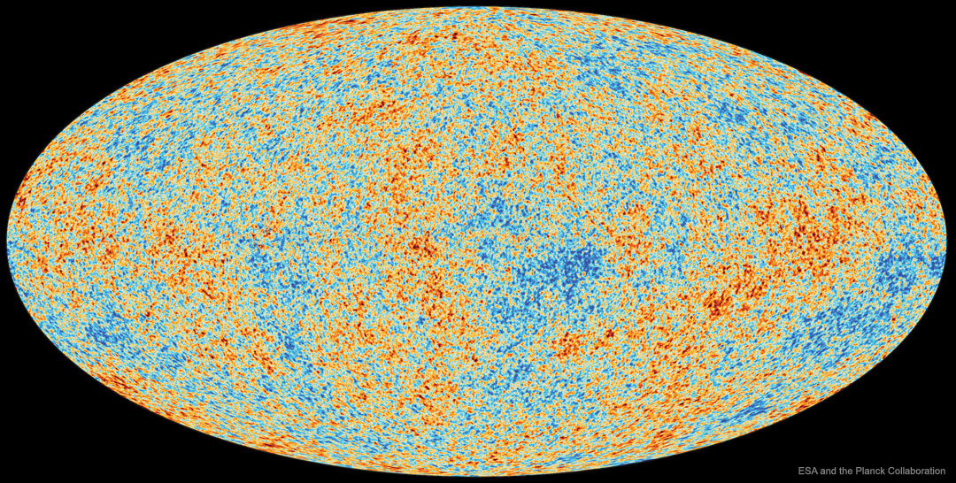 Das ovale Bild ist eine Karte der kosmischen Hintergrundstraße. Rote und blaue Flecken zeigen Stellen, die heißer oder kälter sind als der Durchschnitt.