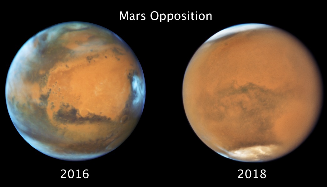 Zwei Bilder des Mars wurden mit dem Weltraumteleskop Hubble aufgenommen. Das linke Bild entstand bei der Opposition 2016, die Oberfläche ist klar. Das rechte Bild entstand vor ein paar Tagen, die Oberfläche ist verschwommen wegen eines Staubsturms.