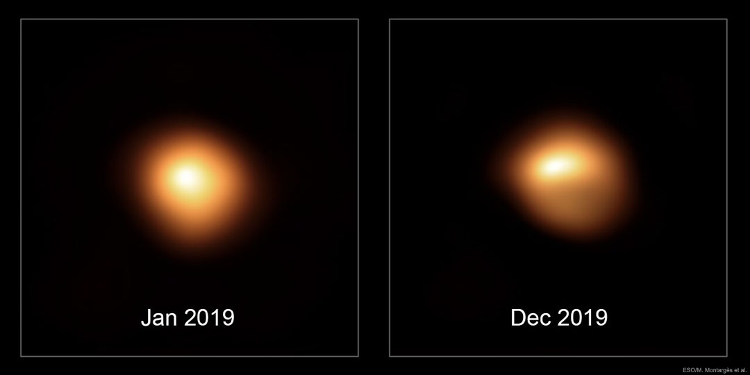 Die Veränderungen des Roten Riesen Beteigeuze im Laufe des Jahres 2019, beobachtet vom VLT der ESO; Ein Klick auf das Bild lädt die höchstaufgelöste verfügbare Version.