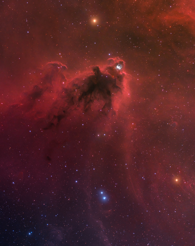 Der Butzemann-Nebel LDN 1622, ein Dunkelnebel im Orion; Ein Klick auf das Bild lädt die höchstaufgelöste verfügbare Version.