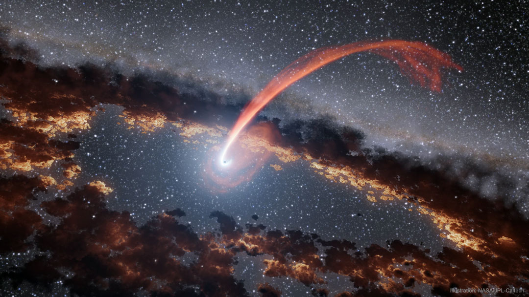 Wenn ein Stern einem Schwarzen Loch zu nahe kommt, können ihn die Gezeitenkräfte auseinanderreißen; Ein Klick auf das Bild lädt die höchstaufgelöste verfügbare Version.