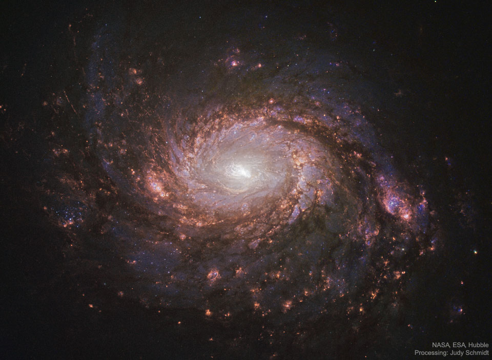 Die aktive Seyfertgalaxie M77 wurde mit dem Weltraumteleskop Hubble detailreich abgebildet. Ein Klick auf das Bild lädt die höchstaufgelöste verfügbare Version.