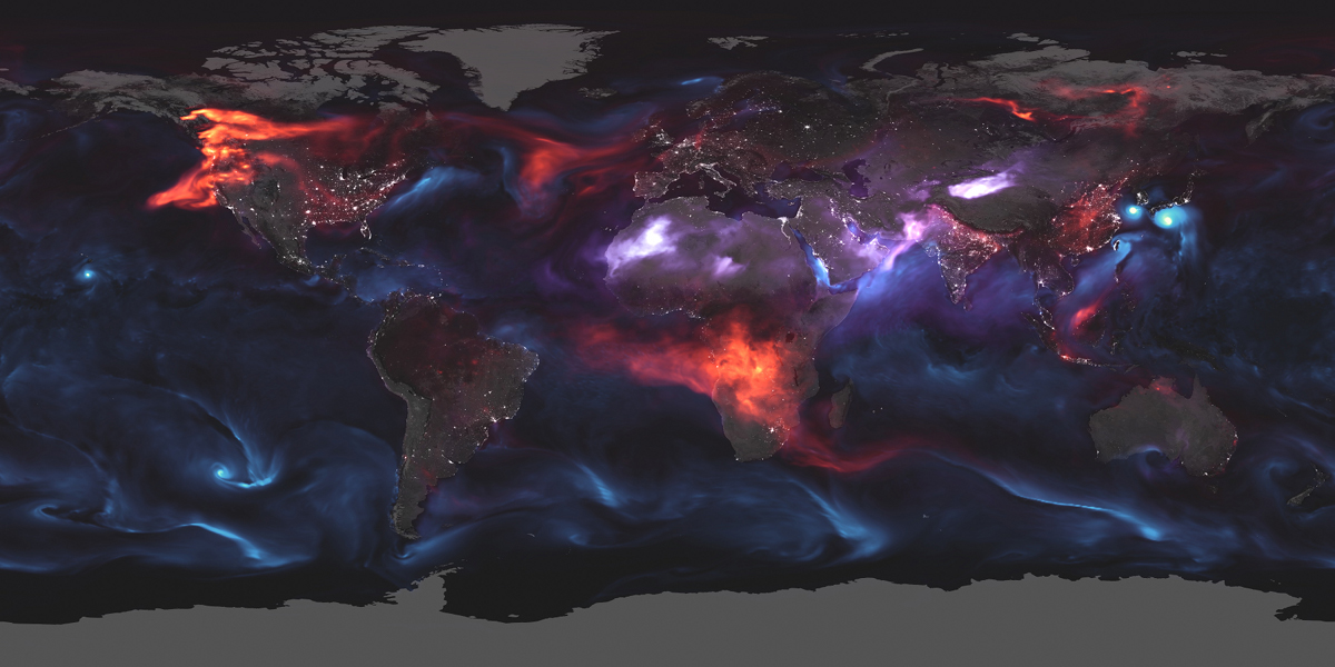 Karte der weltweiten Verteilungen von Aerosolen in der Atmosphäre; Ein Klick auf das Bild lädt die höchstaufgelöste verfügbare Version.
