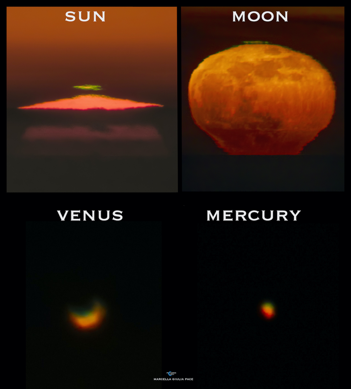 Grüner Blitz bei Sonne, Mond, Venus und Merkur, fotografiert auf der italienischen Mittelmeerinsel Sizilien.
