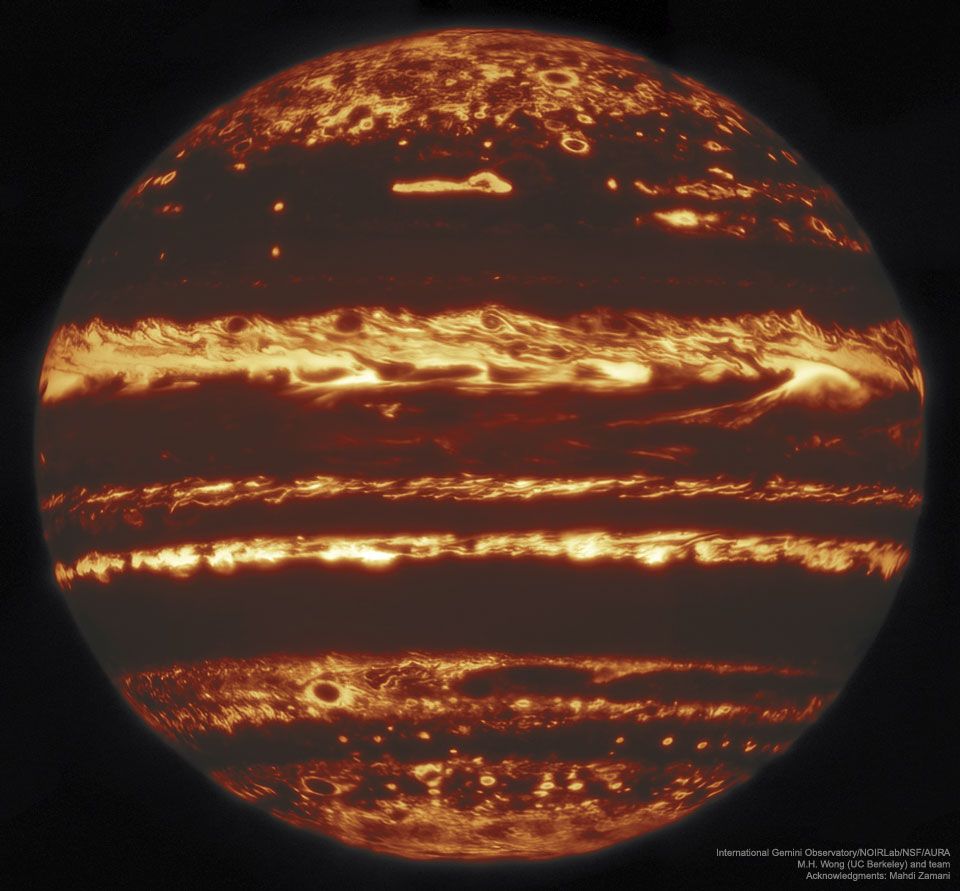 In Infrarotlicht sieht Jupiter aus wie Jack-O’Lantern. Das Bild stammt vom Observatorium Gemini Nord auf Hawaii.