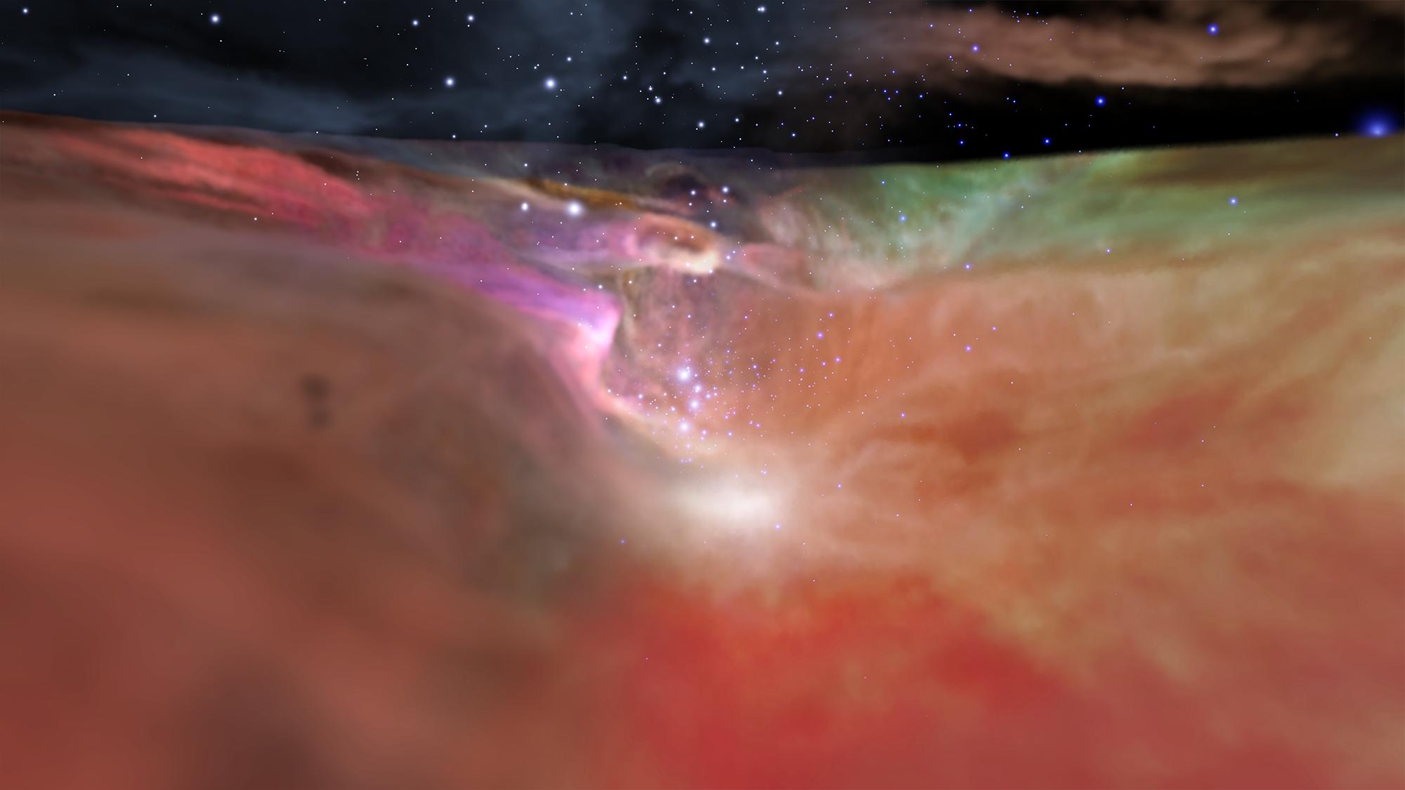 Nahaufnahme des berühmten Orionnebels, die aus Daten der Weltraumteleskope Hubble und Spitzer modelliert wurde.