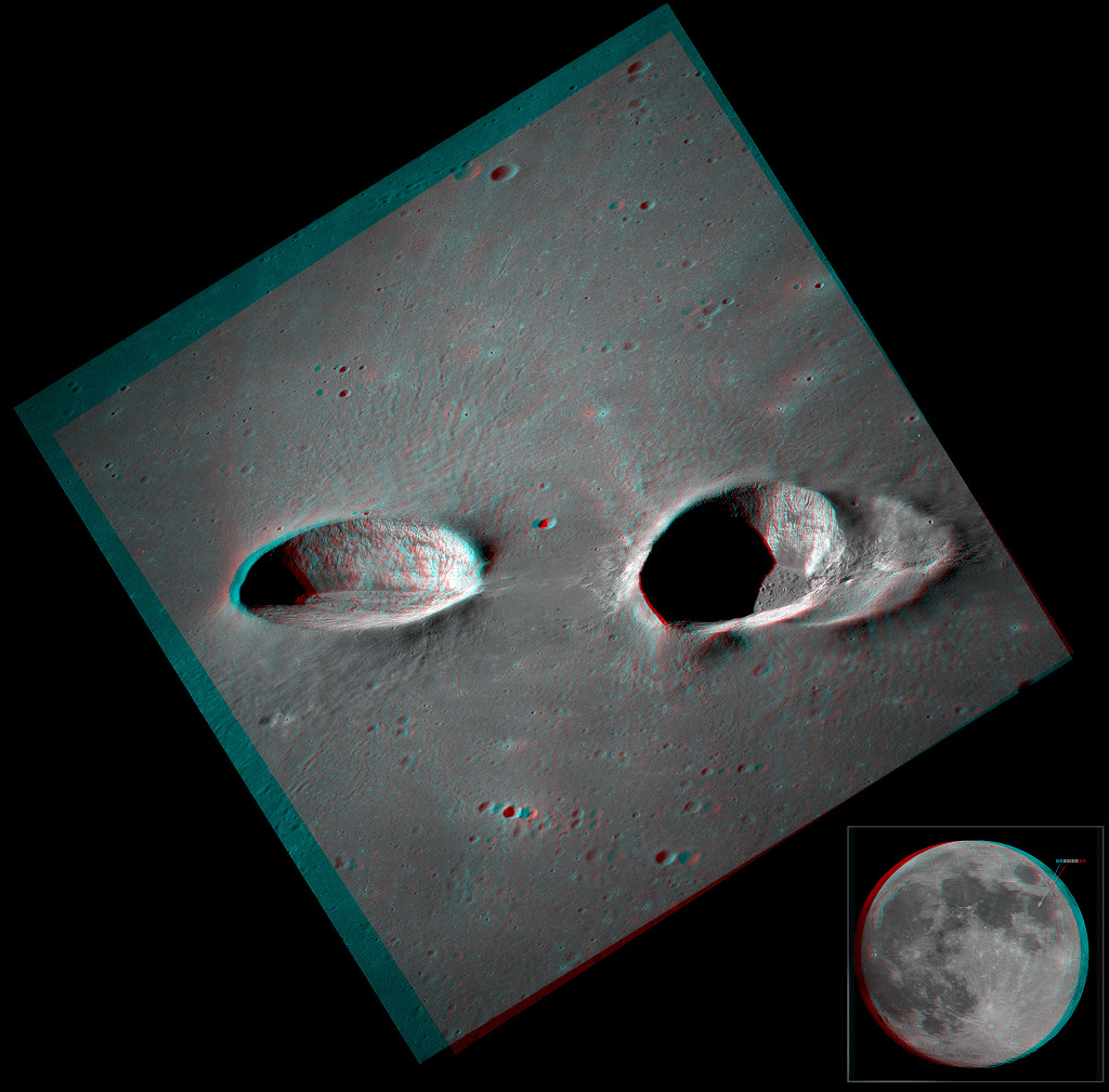 Die Krater Messier und Messier A ragen aus dem dunklen, glatten Meer der Fruchtbarkeit oder Mare Fecunditatis, sie messen 8 mal 15 und 11 mal 16 Kilometer.